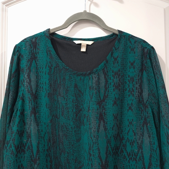 ✨️4/$20 Emerald Green Long Sleeve Snake Print Relaxed Blouse, Chiffon - Picture 3 of 13